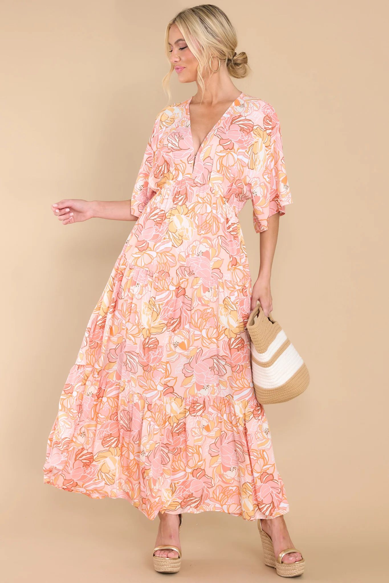 Seaside Style Apricot Floral Print Dress | Red Dress 