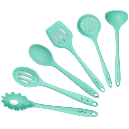 Culinary Couture Aqua Sky Silicone Cooking Utensils Set - Sturdy Steel Inner Core - Spatula, Mixing & Slotted Spoon, Ladle, Pasta Server, Drainer - Heat Resistant Kitchen Tools - Bonus Recipe Ebook | Amazon (US)