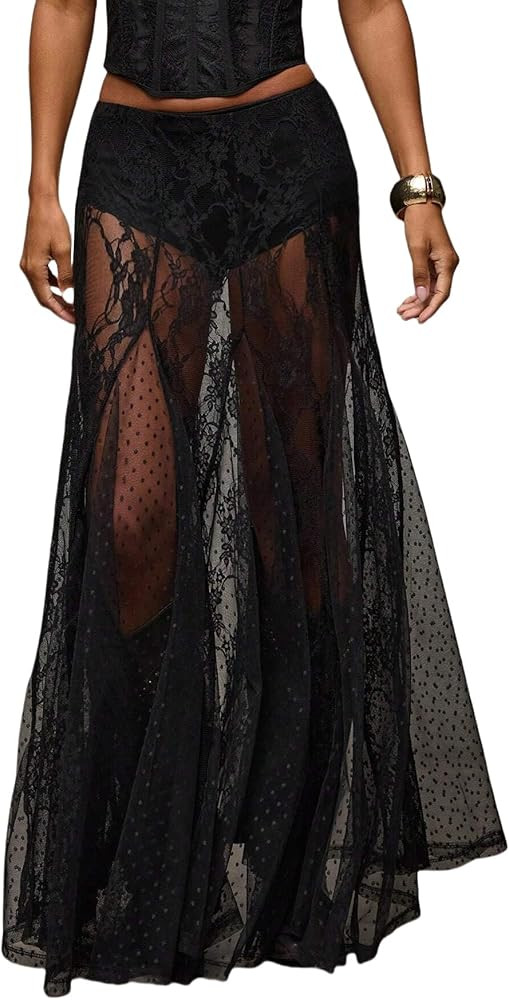Ahtyeo Women's Sexy See Through Sheer Lace Maxi Skirt Low Waist Ruffle Hem A Line Flowy Mesh Skir... | Amazon (US)