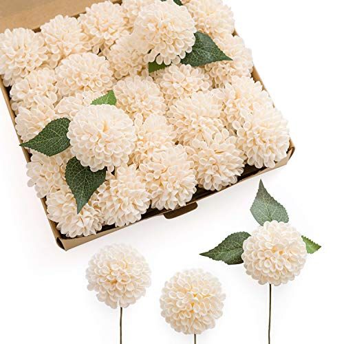 Ling's moment 25pcs Real-Looking Artificial Flowers Ivory Fake Dahlia Daisy Flower with Stem for Wed | Amazon (US)