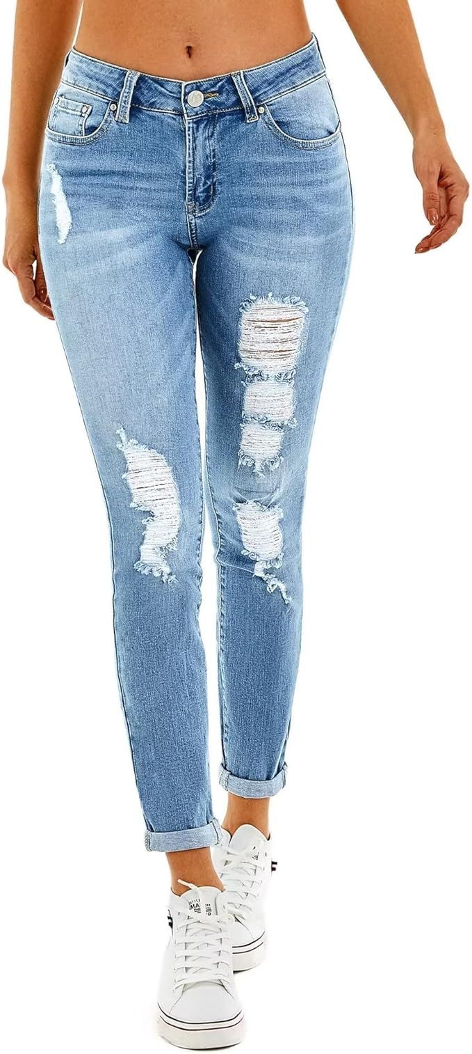 RHODANTHE Women's Ripped Boyfriend Jeans Stretch Skinny Jean Trendy Distressed Straight Leg Jeans... | Amazon (US)