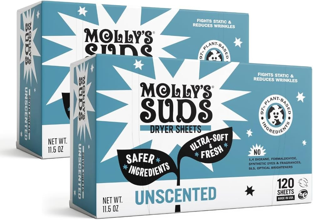 Molly's Suds Fabric Softener Dryer Sheets for Sensitive Skin | Plant-Based Static Reducer, Plasti... | Amazon (US)