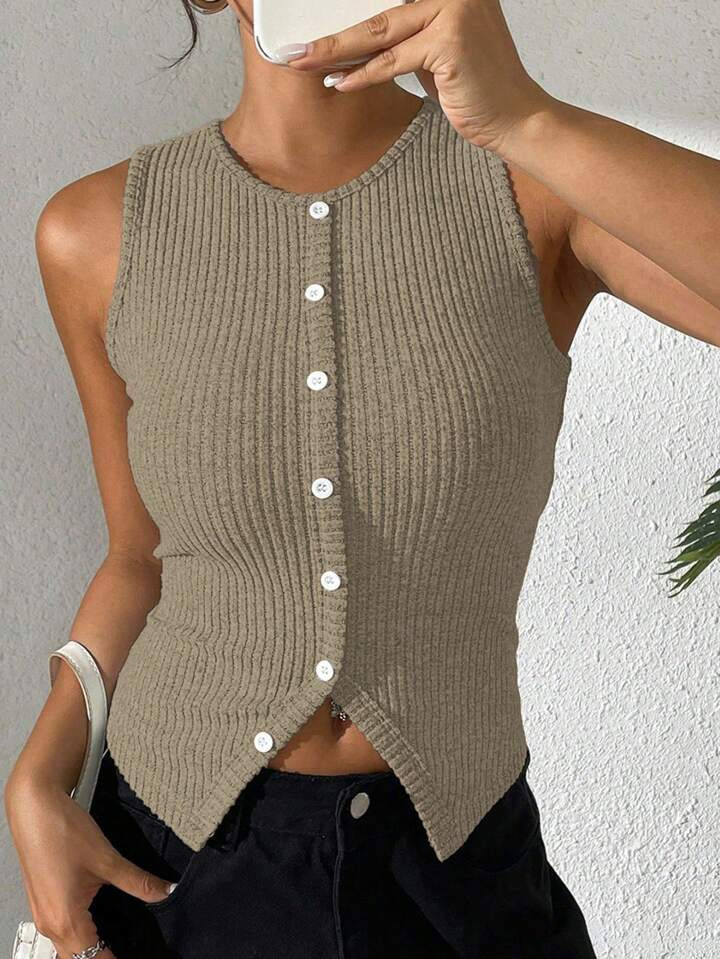 Chiquease Damen Lässig Geripptes, Figurbetontes Crop Top Mit Seitenschlitz | SHEIN