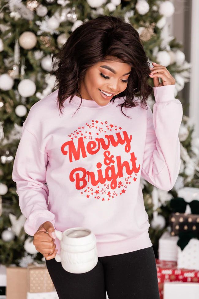 Merry And Bright Stars Graphic Pink Sweatshirt | The Pink Lily Boutique