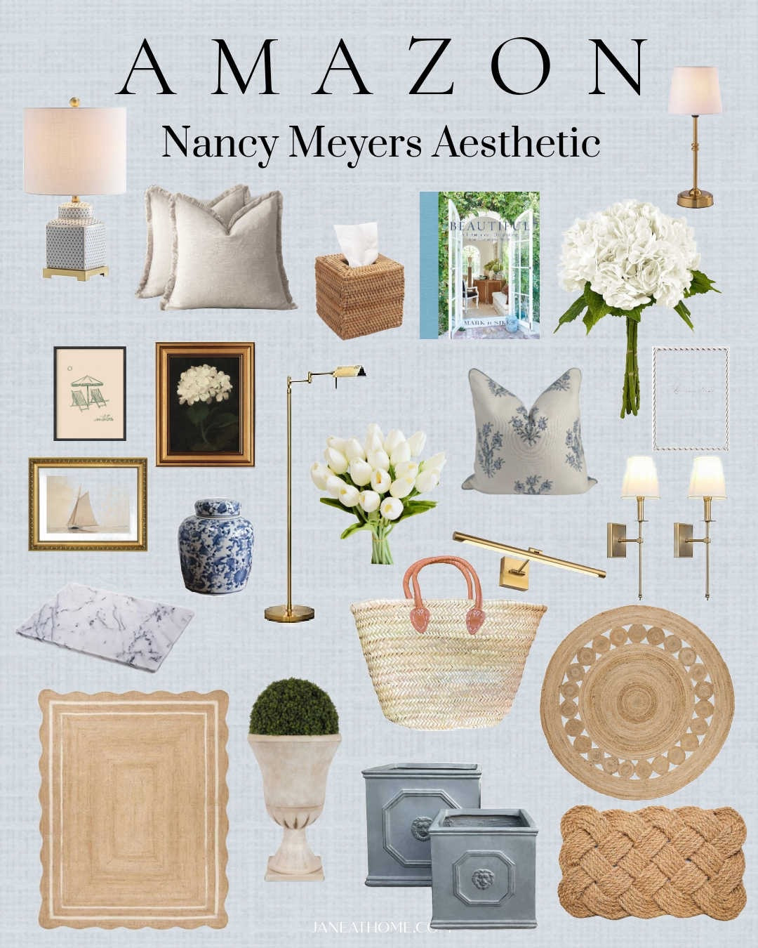 Beautiful Nancy Meyers home decor finds from Amazon, including hydrangeas, rugs, front porch planters, lighting, wall art, pillow covers, and more -- all with charming Nancy Meyers style and a timeless aesthetic!



#LTKFindsUnder100 #LTKHome #LTKFindsUnder50
