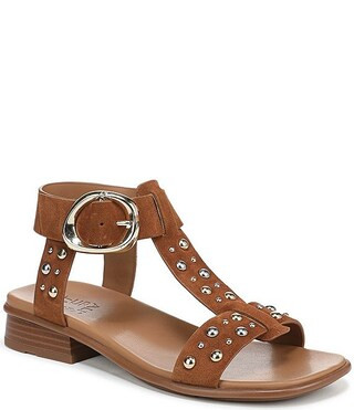 Naturalizer Brandy Studded Suede Big Buckle Hardware T-Strap Ankle Wrap Sandals | Dillard's | Dillard's