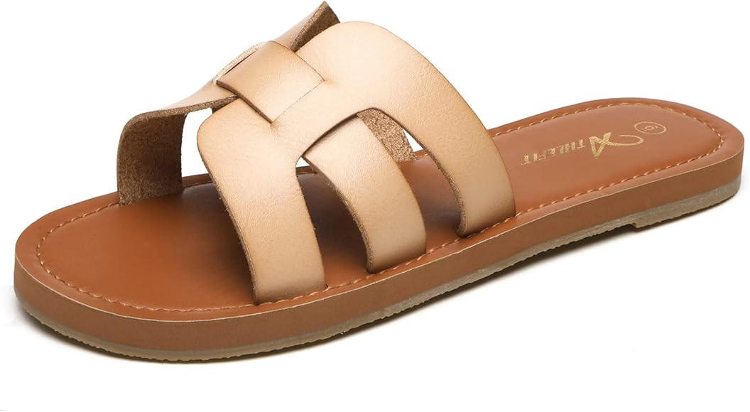 Athlefit Women's Flat Sandals Summer Casual Slip On Leather Slide Sandal | Amazon (US)