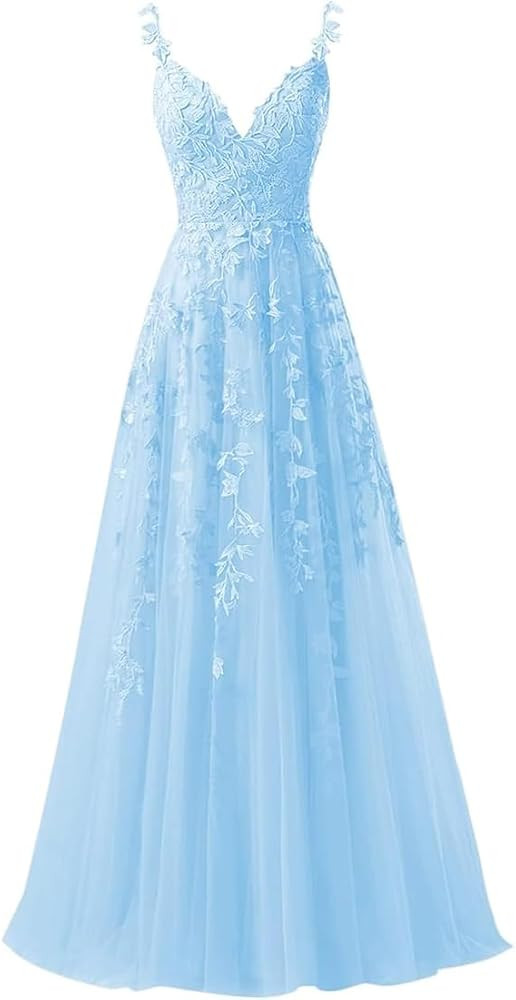 lace Appliques v-Neck Long Prom Dress Spaghetti Strap Sleeveless Tulle Evening Party Dress | Amazon (US)