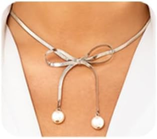 Jumwrit Boho Bow Choker Necklace Pearl Pendant Necklace Gold Snake Chain Necklace Dainty Bow Tie ... | Amazon (US)