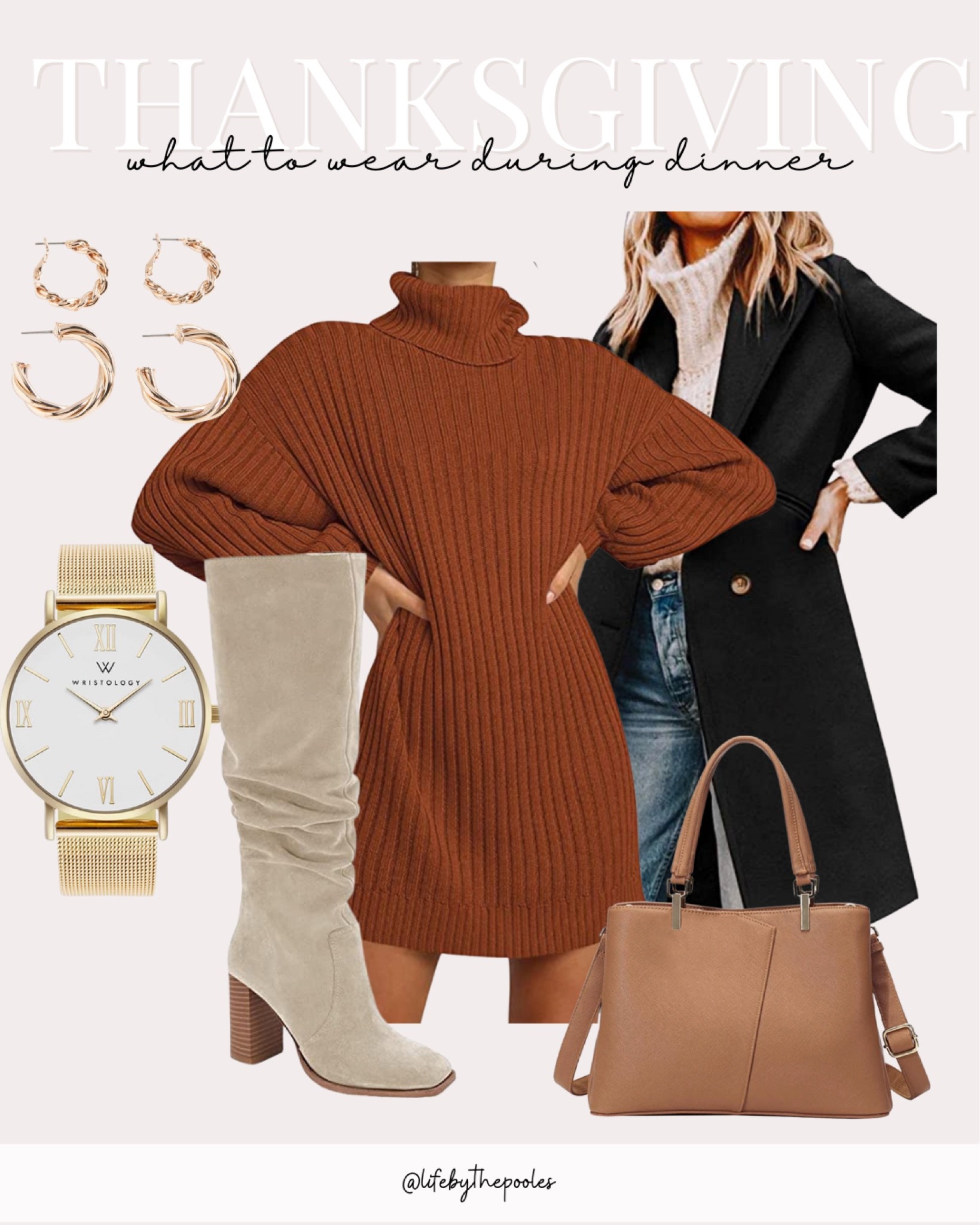 What to wear to thanksgiving dinner, thanksgiving day outfit, sweater dress, black peacoat, black dress coat, knee high boots, gold jewelry, handbag, slouchy sweater dress, Amazon fall outfit ideas #LTKunder50 #thanksgivingoutfit #thanksgiving #falloutfit #LTKworkwear

#LTKstyletip #LTKSeasonal #LTKunder100