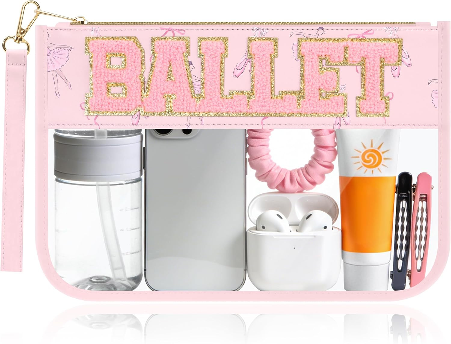 Bolsa de maquillaje cosmética para regalos de ballet con parche de letras de chenilla, bolsa organizadora de PVC, bolsa de viaje impermeable, bolsas de almacenamiento portátiles para niñas | Amazon (US)