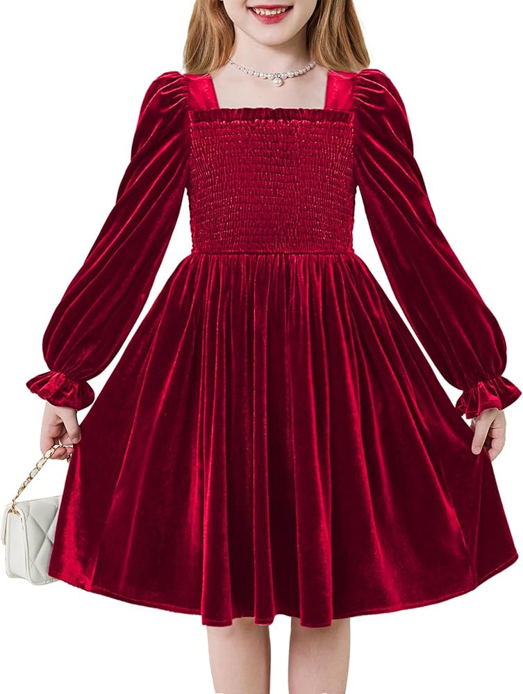 Arshiner Toddler Velvet Dress Girls Smocked Square Neck Puff Long Sleeve Party Dresses with Pocke... | Amazon (US)