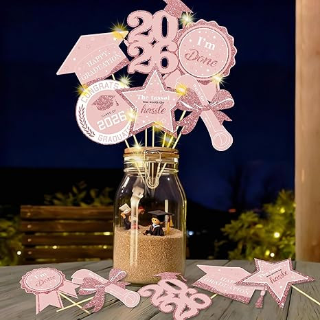 Graduation Decorations for Class of 2026-30pcs Glitter Pink Rose Gold Grad Party Table Centerpiec... | Amazon (US)