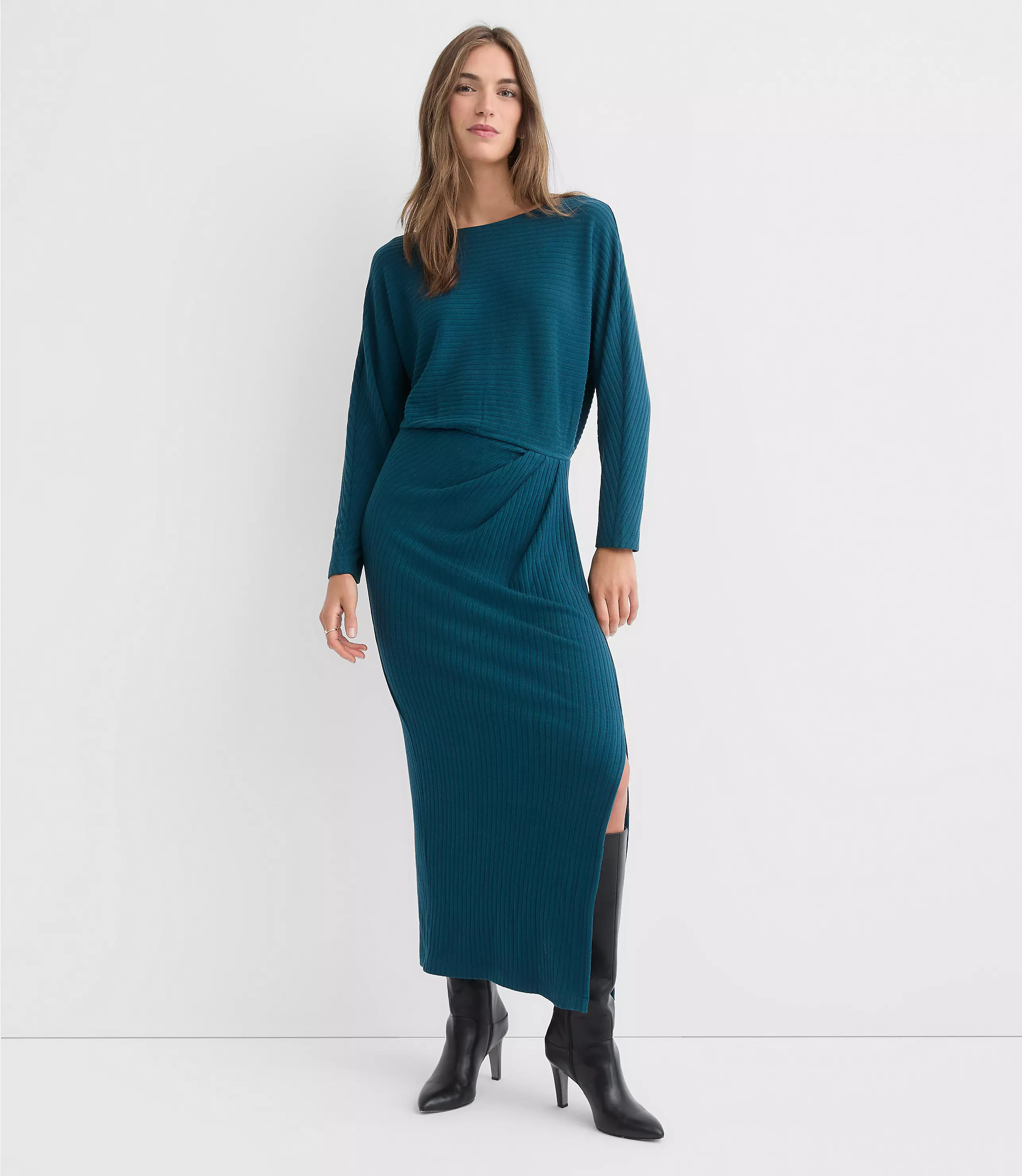 Brushed Ottoman Side Pleated Midi Dress | LOFT
