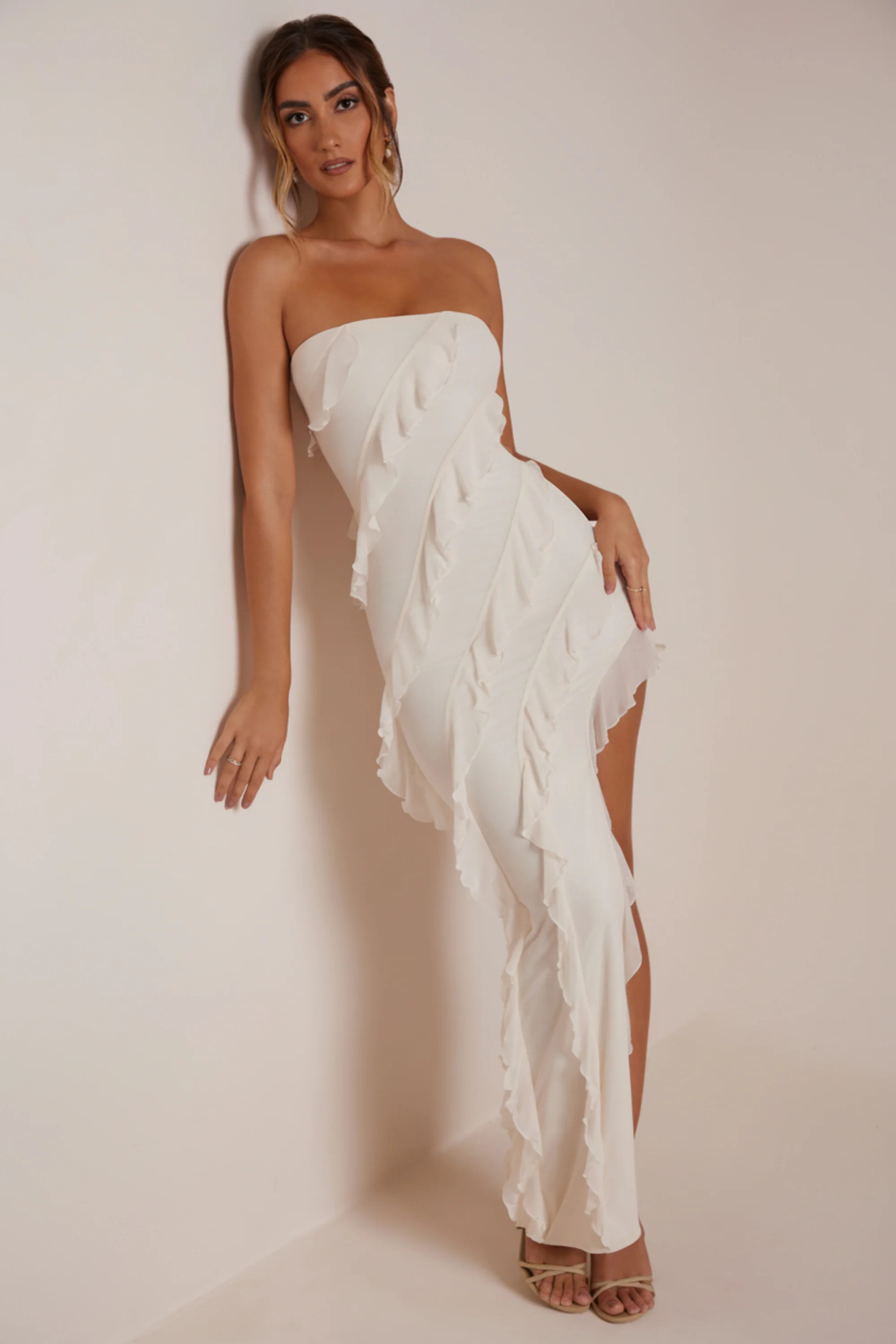 Bandeau Ruffle Detail Maxi Dress in Ivory | Oh Polly