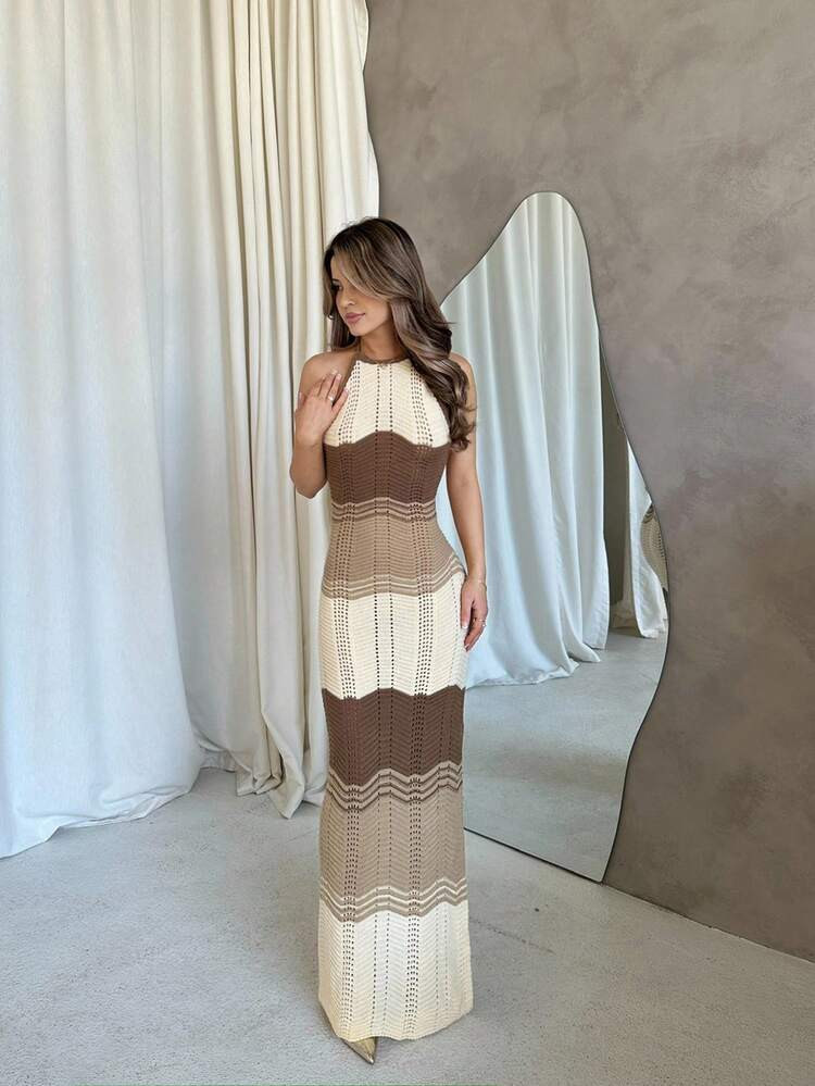 Jemour Women's Color Block Halterneck Hollow Out Knitted Sweater Dress | SHEIN