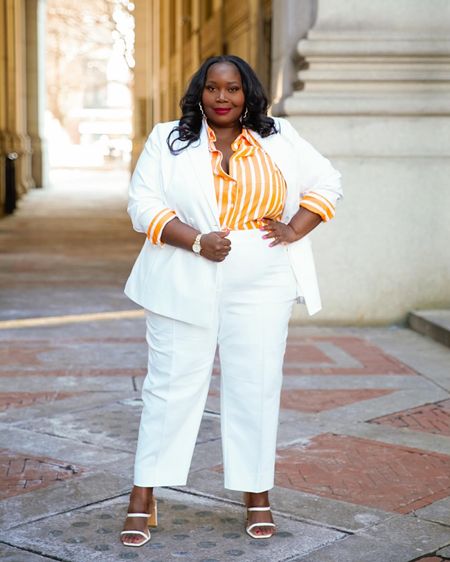 Try a power suit for a spring workwear outfit. I found this chic white suit in plus sizes and paired it with a striped top. 

#LTKplussize #LTKstyletip #LTKworkwear
