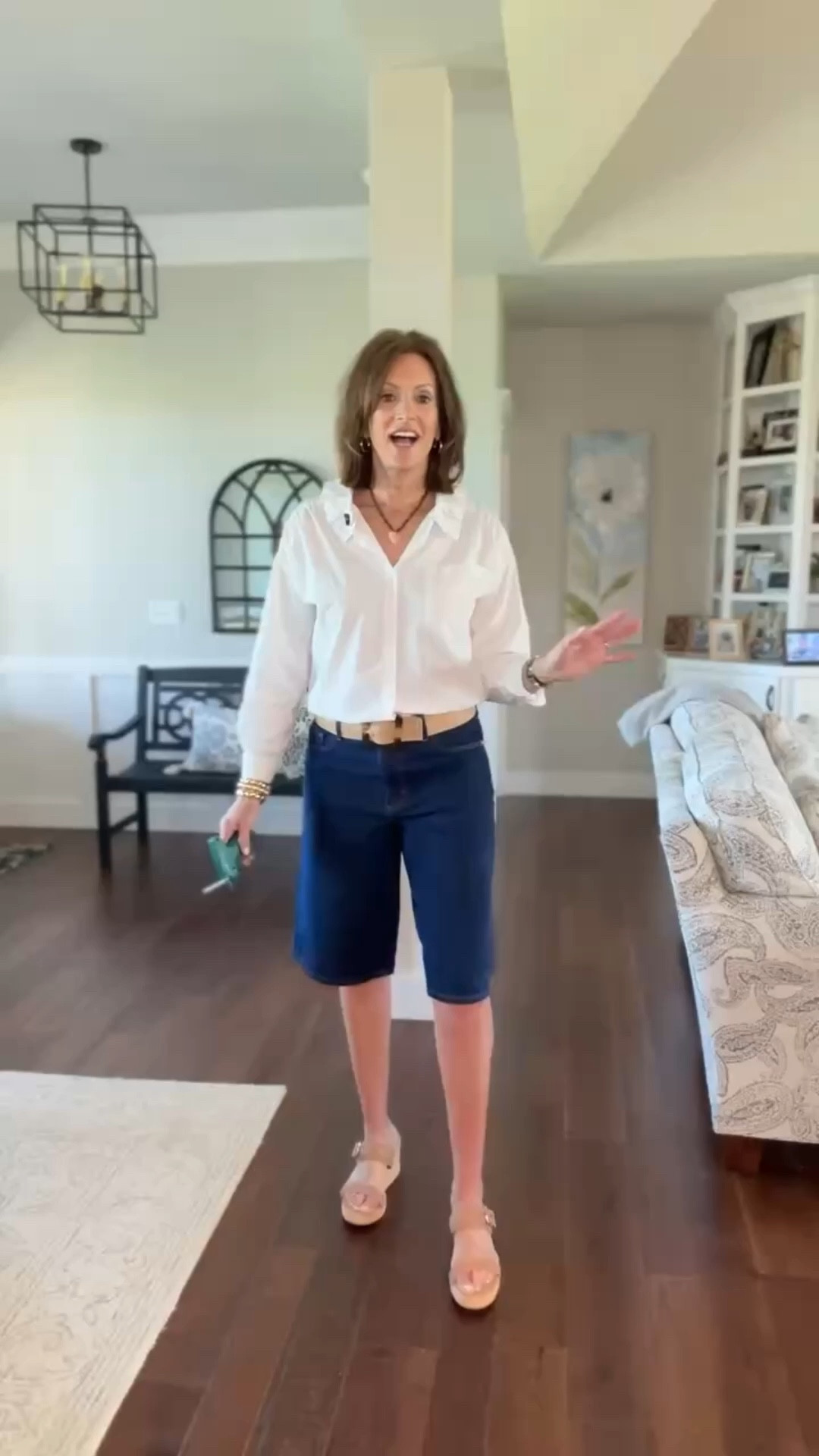 Ruffle collar top - medium (runs oversized)
Bermuda denim shorts - 28 tall (run big consider sizing down) also in petite & regular 

Elevated casual, Bermuda shorts, denim shorts, Women’s fashion, outfit inspo, outfit ideas, what to wear for, fashion over 40, fashion over 50, spring outfits, spring style, spring outfit inspo, spring fashion, women’s spring outfit

#LTKOver40 #LTKootd #LTKSeasonal