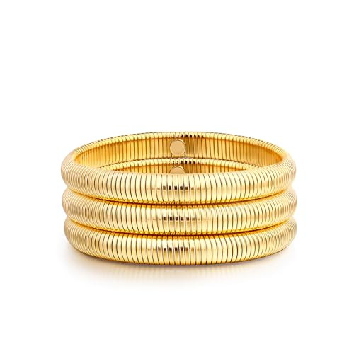 Gold Bangle multi-layer Bracelets for Women Stretchy Stainless steel Link Chain Flexible Wide Wri... | Amazon (US)