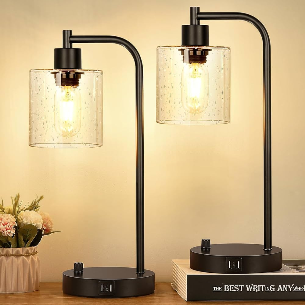Set of 2 Industrial Table Lamps with 2 USB Port, Fully Stepless Dimmable Bedside Lamps for bedroo... | Amazon (US)