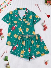 2pcs Christmas Gingerbread And Candy Cane Print Pajama Set For Women, Cozy Notched Collar Button ... | SHEIN