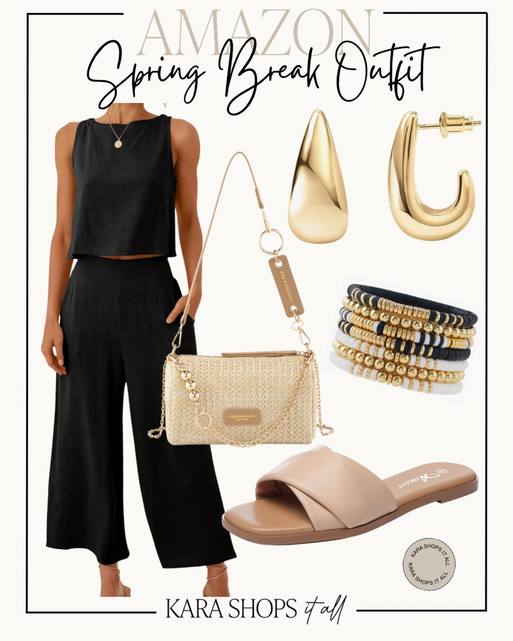 Spring break outfit style! Neutral spring outfit style! Love these tan sandals and gold earrings! This two piece black set is so classy and this straw and gold purse is perfect! 
#Amazon #Amaonfashion #Amazonspringbreak

#LTKstyletip #LTKsalealert #LTKSeasonal