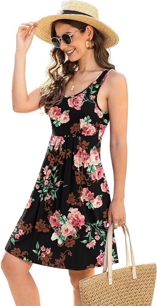 Jouica Women's Casual Summer Tank Sleeveless Knee Length Pleated Sun Dresses with Pockets | Amazon (US)