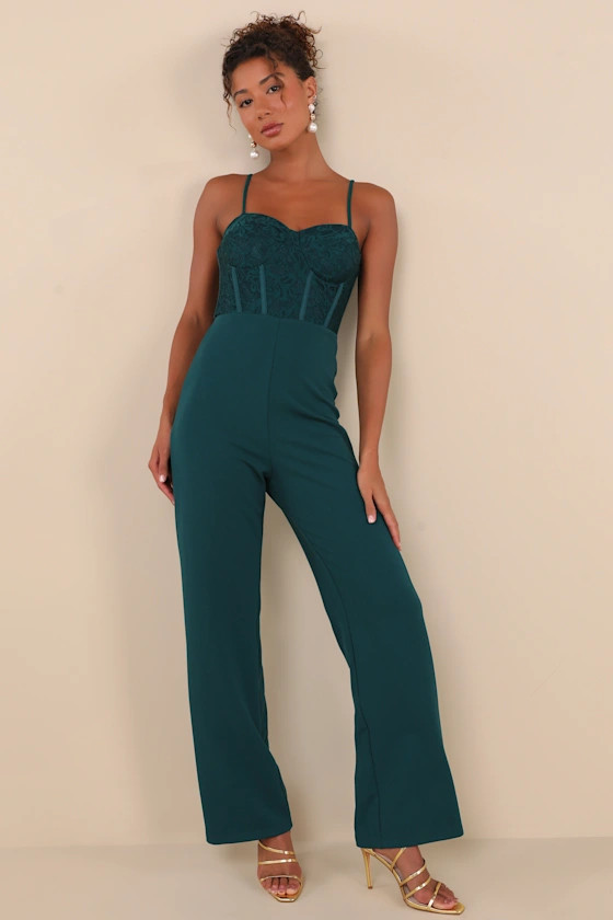 Eloquently Enticing Emerald Green Lace Bustier Jumpsuit | Lulus