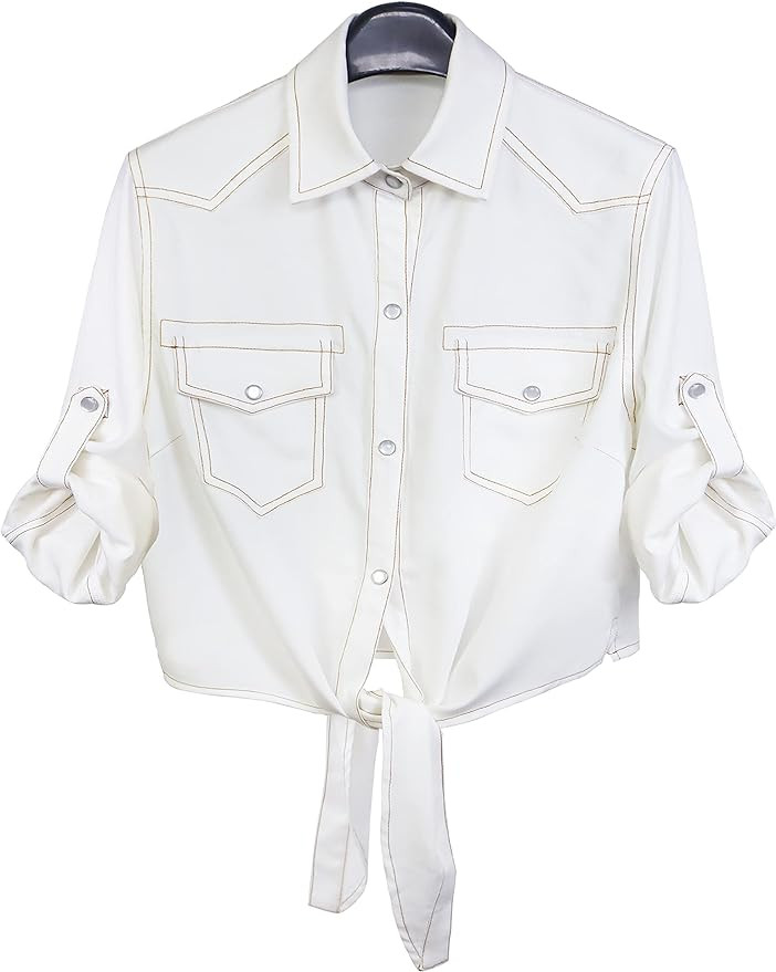 Omoone Women's 3/4 Sleeve Denim Crop Top Tie Knot Shirt Cardigan | Amazon (US)