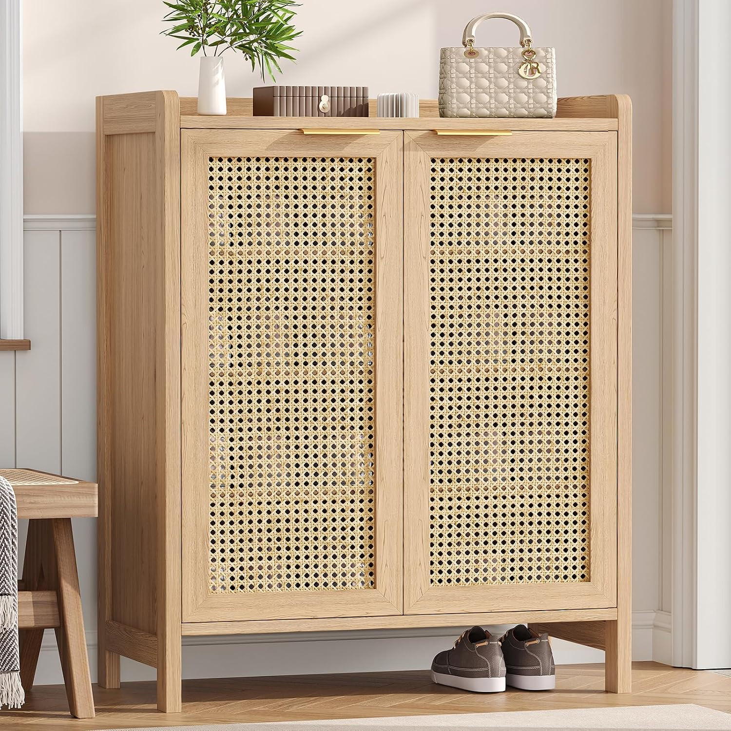Zeibospri Rattan Shoe Storage Cabinet, 5-Tier Shoe Cabinet for Entryway, Wooden Shoe Rack Organizer with Doors and Adjustable Shelves, for Entryway, Hallway, Living Room, Natural Oak | Amazon (US)