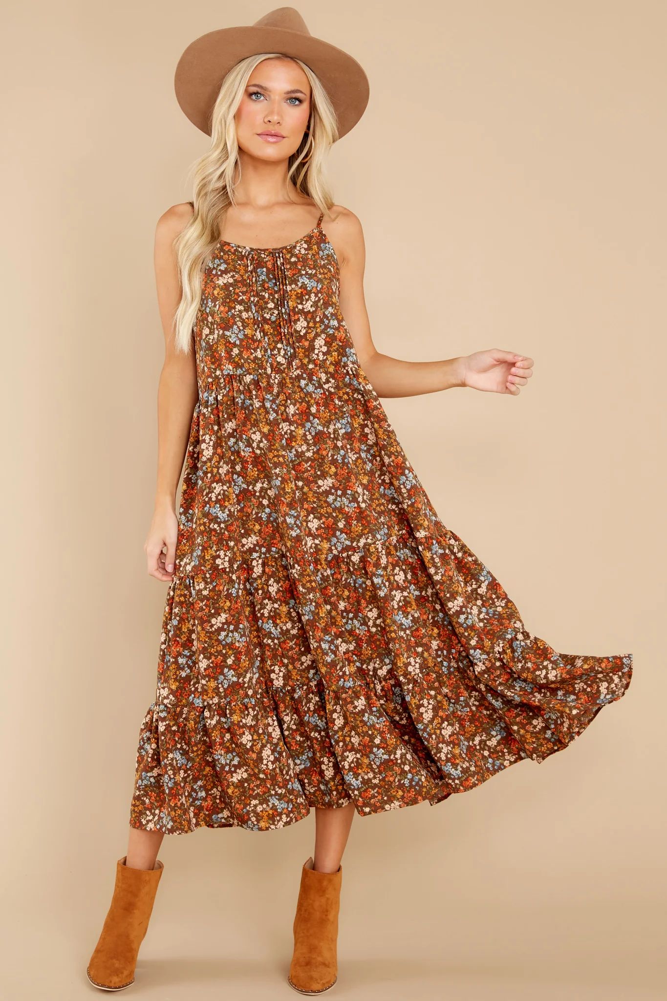 Harvest Wishes Light Brown Floral Maxi Dress | Red Dress 