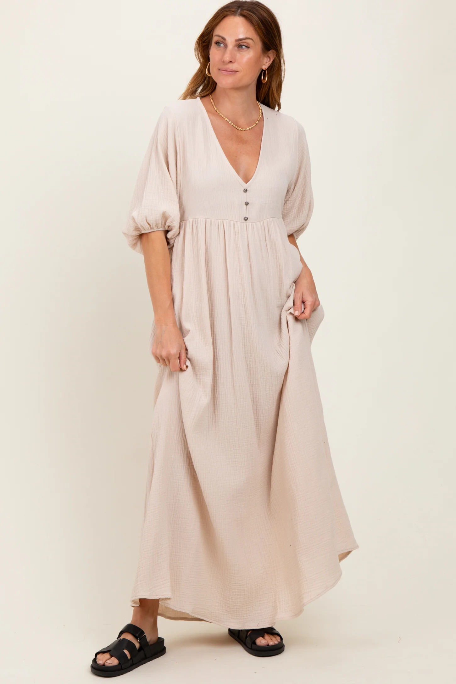 Beige Solid Woven Elbow Sleeve V-Neck Button Down Maxi Dress | PinkBlush Maternity