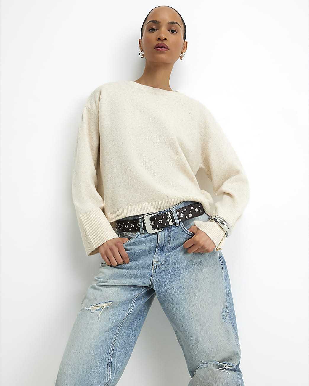 Beige Knitted Crew Neck Jumper | River Island UK & IE