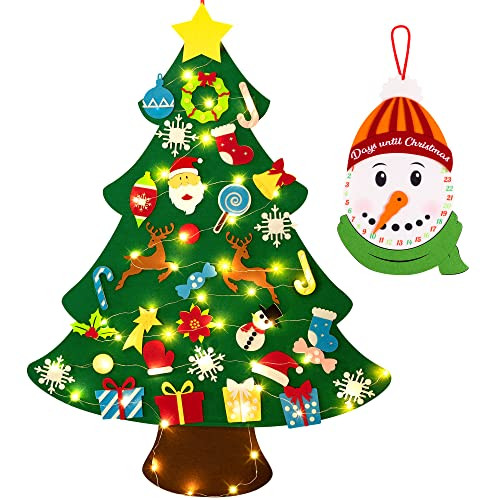 3ft DIY Lighted Felt Christmas Tree Set Plus Snowman Advent Calendar - Xmas Decorations Wall Hanging 33 Ornaments Kids Gift with String Light (Batteries Not Included) | Amazon (US)