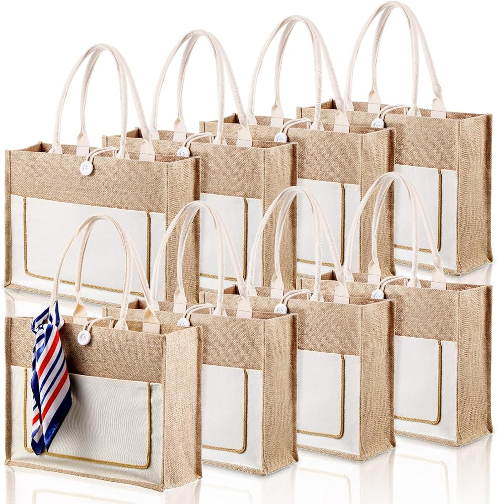 Reginary 8 Pcs Burlap Tote Bags Bulk Large Jute Tote with Handles Reusable Canvas Gift Bags for W... | Amazon (US)