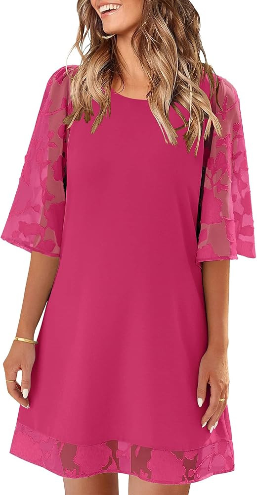 LookbookStore 3/4 Sleeve Dress for Women Shift Cute Summer Tunic Floral Lace Dresses | Amazon (US)