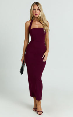 Salome Midi Dress - Halter Neck Column Dress in Wine | Showpo (US, UK & Europe)