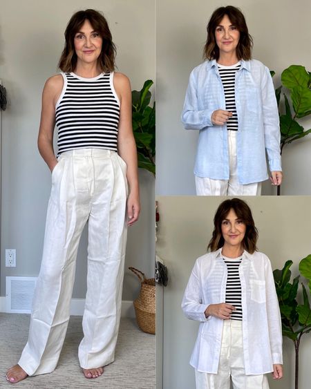 Quick H&M try on!
I’m 5’ 7” size 4
Linen pants: wearing my usual size 4 and the fit is great
Tank top: wearing my usual size S
Blue linen shirt: 100% linen, wearing M for more room and sleeve length
White linen shirt: linen blend, wearing S (I have long arms)


#LTKunder50 #LTKSeasonal #LTKFind