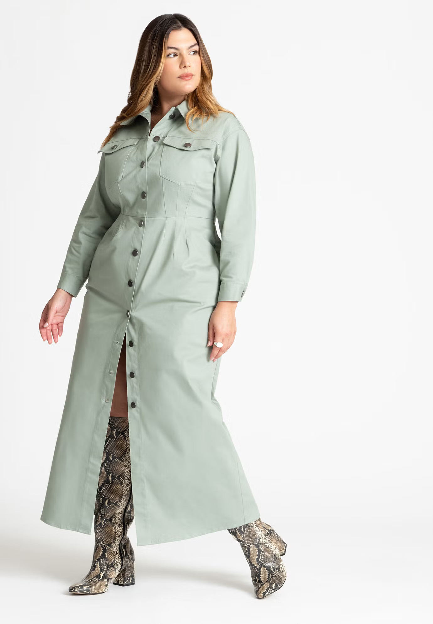 Plus Size Women's Fitted Twill Dress by ELOQUII in Slate Gray (Size 16) | Eloquii