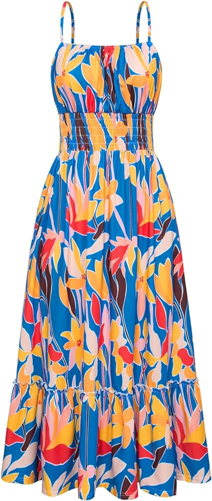 GRACE KARIN Summer Dresses for Women 2026 Vacation,Smocked Floral Maxi Dress,Boho Beach Sundress ... | Amazon (US)