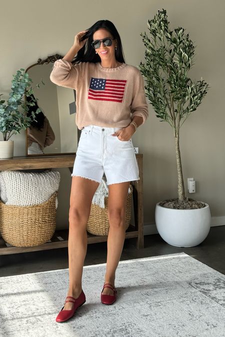 4th of July 

Lightweight USA sweater paired with Abercrombie shorts and red Maryjane flats 
Sweater- small 
Shorts are tts 
Shoes are tts 

#LTKU #LTKSaleAlert #LTKFindsUnder50