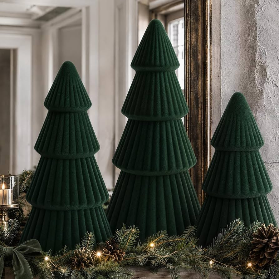 Christmas Decorations - Set of 3 Velvet Ceramic Christmas Trees (Green) | Amazon (US)