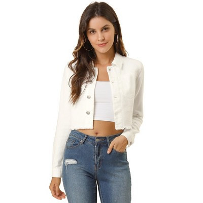 Allegra K Women's Turn Down Frayed Button Down Washed Cropped Denim Jacket White Small | Target