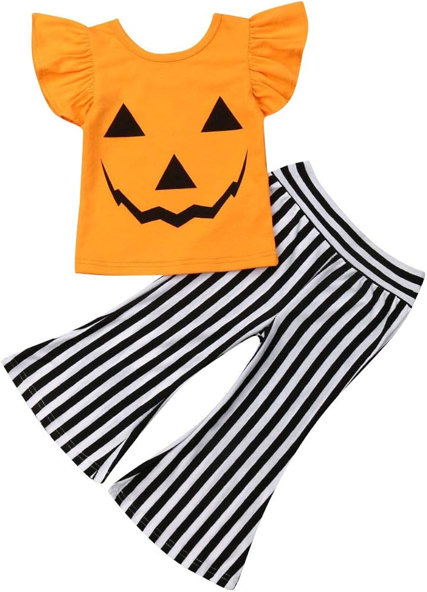 Toddler Kid Baby Girls Halloween Outfits Ruffled Long Sleeve Pumpkin Top Blouse Striped Pants Set | Amazon (US)