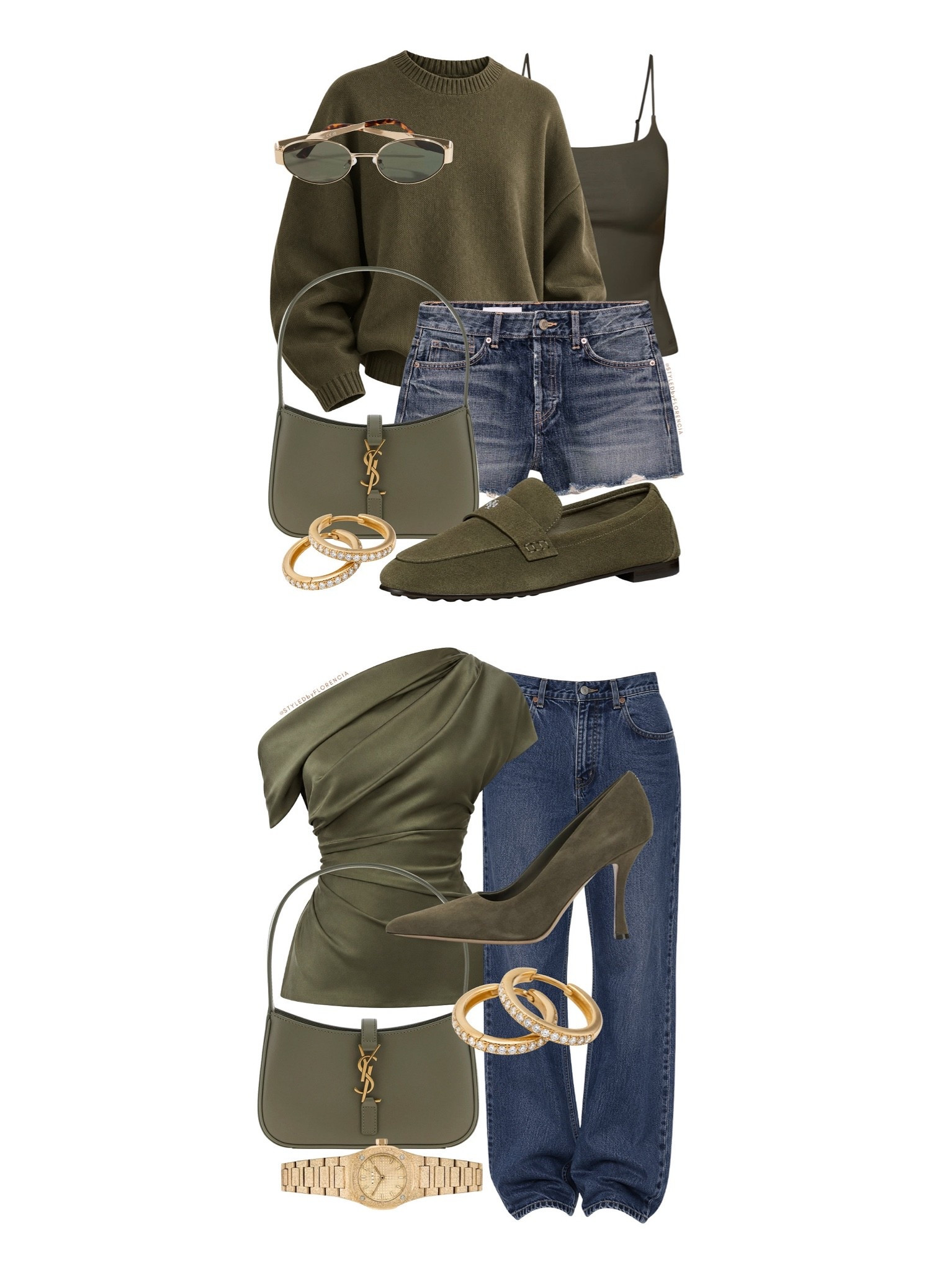 Olive green & dark wash denim👖💚