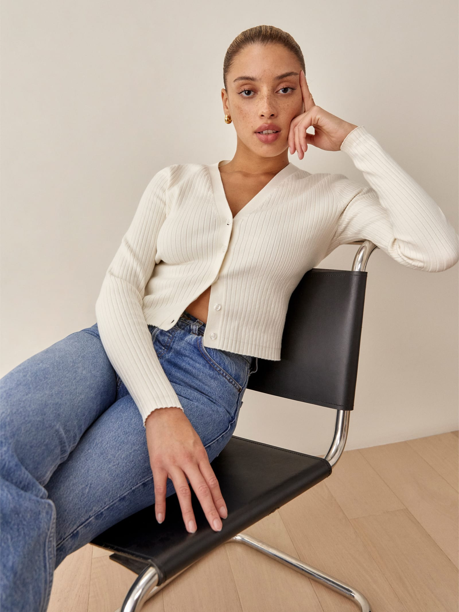 Gilda Ribbed V-Neck Cardigan | Reformation (Global)