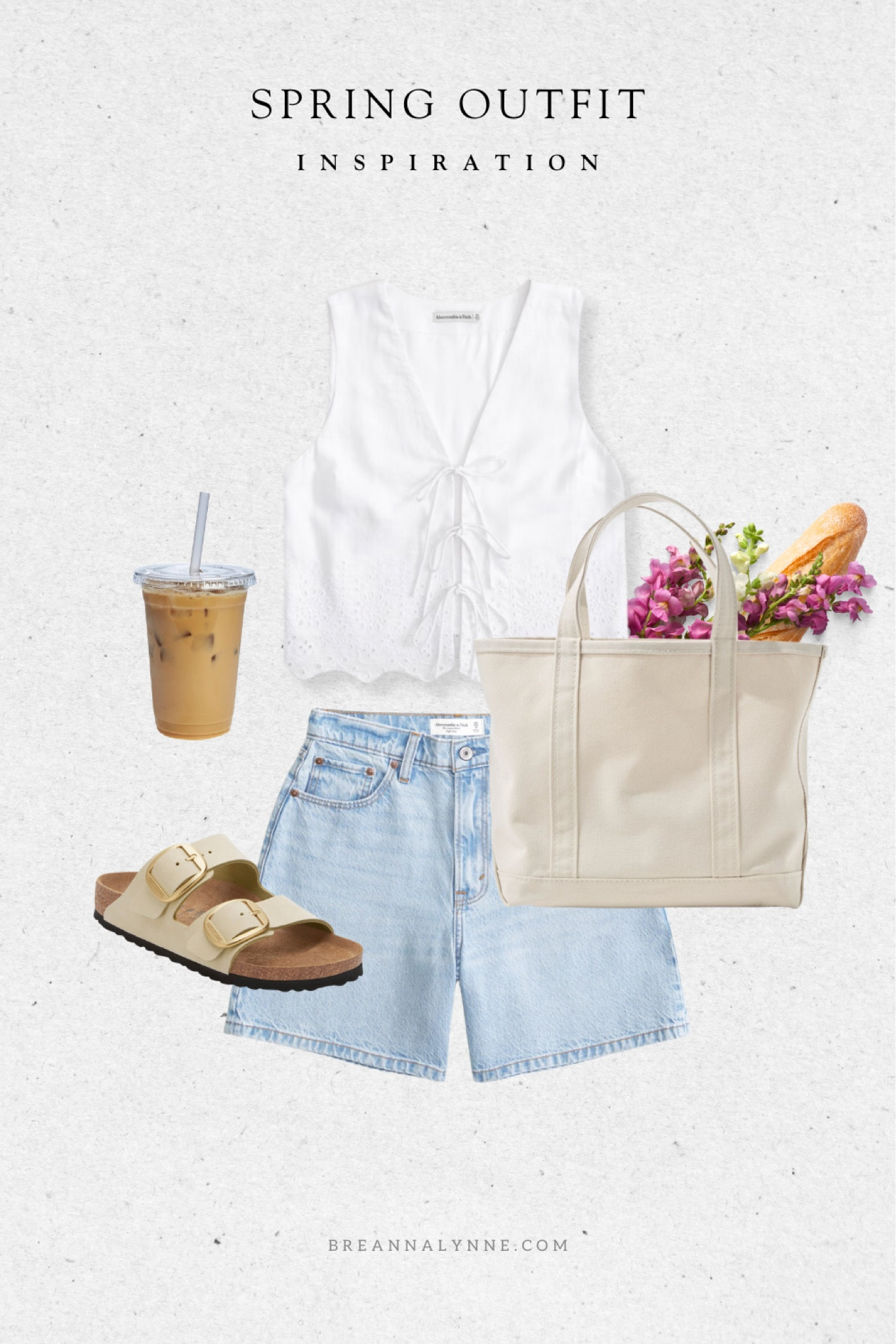 Easy spring outfit inspiration. Denim shorts with a white tie front top, tote bag and Birkenstocks. 

#LTKSeasonal #LTKfindsunder100 #LTKfindsunder50