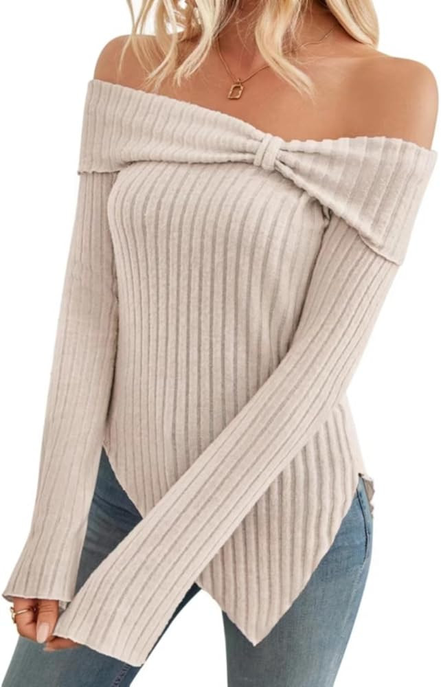 Sumleno Womens Cute Bow Off Shoulder Knitted Sweater Tops Sexy Side Slit Pullover Trendy Y2k Aest... | Amazon (US)