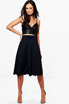 Louiza Deep Waistband Scalloped Hem Full Midi Skirt | Boohoo.com (US & CA)