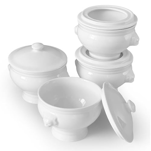 Cinf Ceramic 12 oz Set of 4 Lion Head Porcelain Soup Bowls With Lid Cover White Microwave Dishwasher Safe Fruit Home Kitchen Sturdy Design | Amazon (US)
